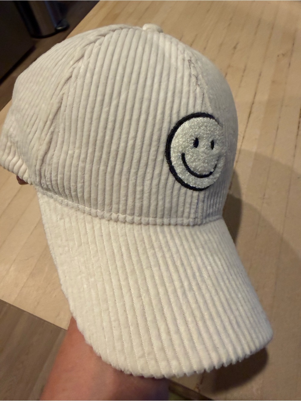 Corduroy Baseball Cap with Smiley Face - White